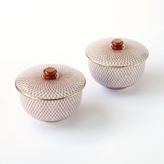 SALE 【九谷焼SALE】赤網 蓋付二客碗〈2客〉 |皿や鉢など和食器の通販
