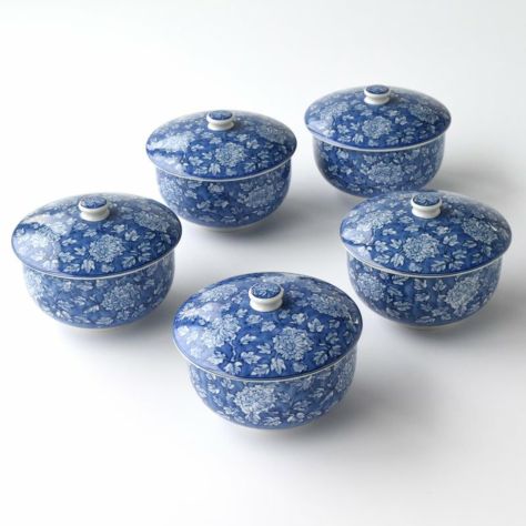 染牡丹 蓋付お茶呑茶碗（木箱入）〈5客〉 美濃焼