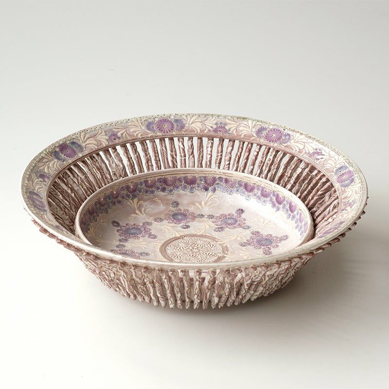 【3点セット】陶楽 紫彩華紋 器+楕円形小鉢+小皿