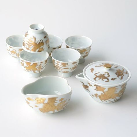 井上春峰】金彩鳳凰紋 煎茶器揃〈煎茶碗6個・宝瓶1個・湯さまし1個