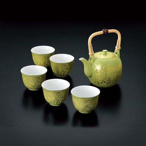 萌葱金彩　茶器〈石瓶１個・お茶呑茶碗５個〉　美濃焼