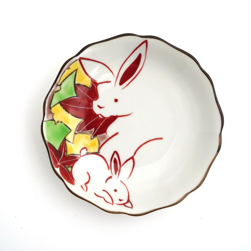 C88 山本長左 九谷焼天啓色絵うさぎ文皿揃 祥瑞手兎絵貝形皿 五枚組揃 