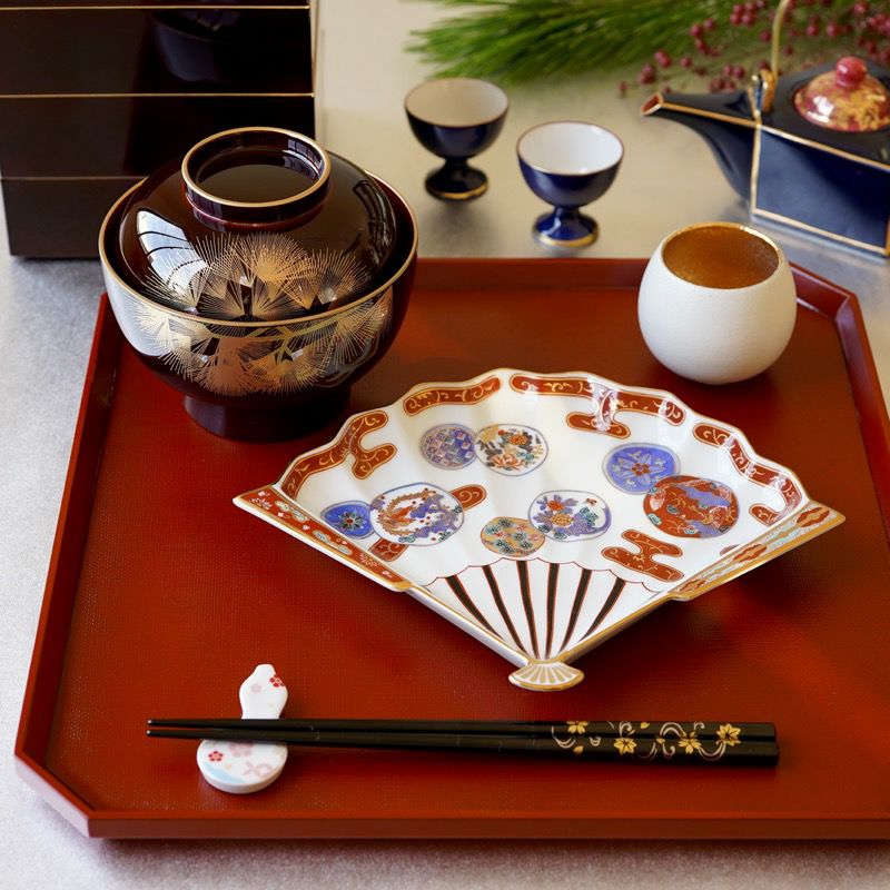 林九郎窯 古伊万里 様式 赤濃鳳凰 扇皿 24.5cm 19.7cm 皿