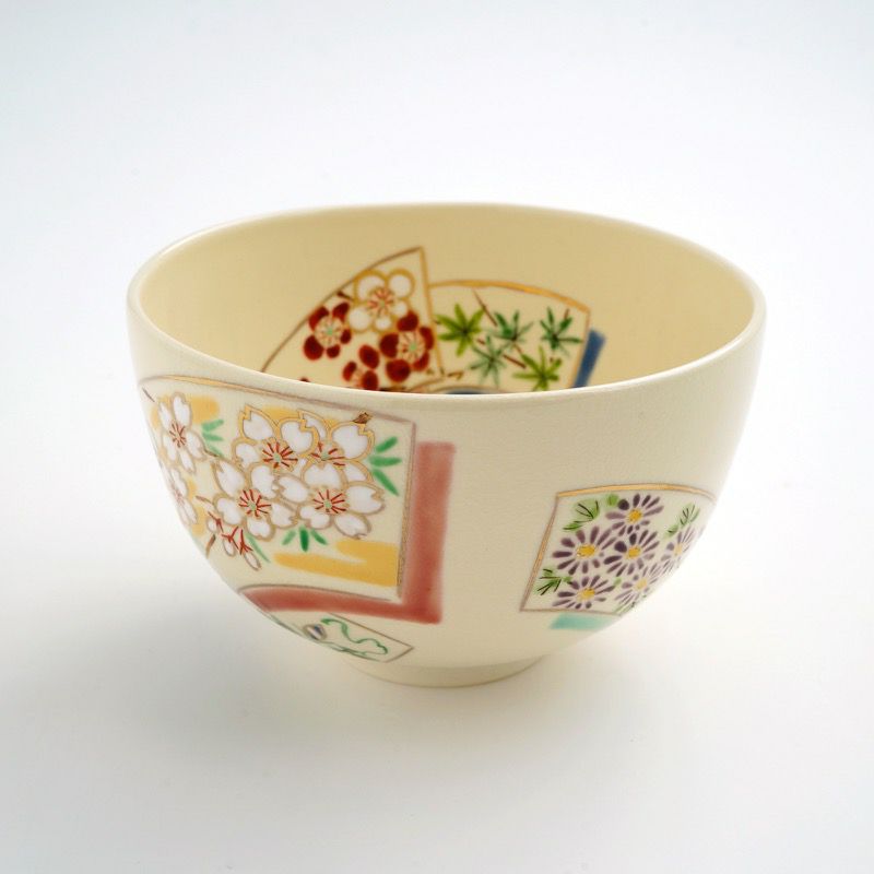 京焼 平安 色絵 波に扇図 茶碗 抹茶碗 金襴手 - 工芸品