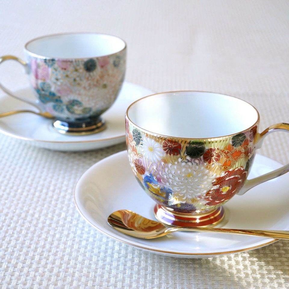 花柄陶器コーヒーカップ2個セット 乗り切り