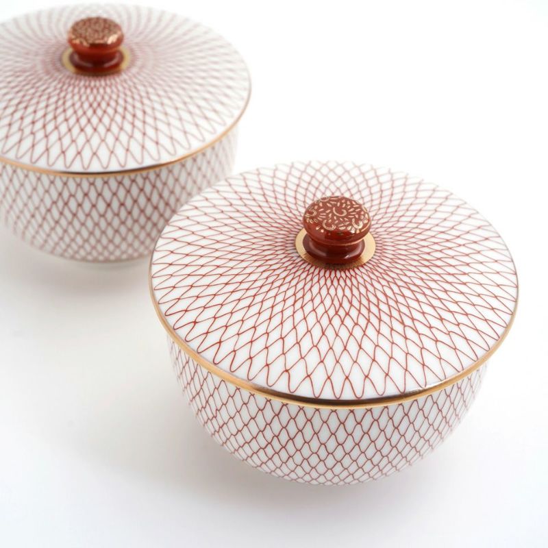 九谷焼 伝統柄 【九谷焼】蓋付汲出揃・赤網〈5客〉 |皿や鉢など和食器