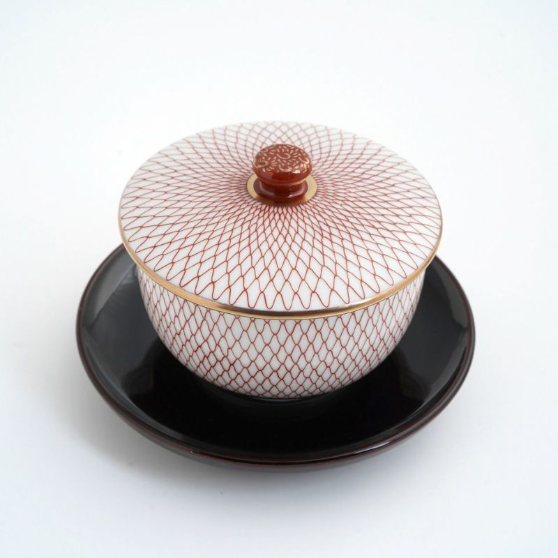 九谷焼 伝統柄 【九谷焼】蓋付汲出揃・赤網〈5客〉 |皿や鉢など和食器