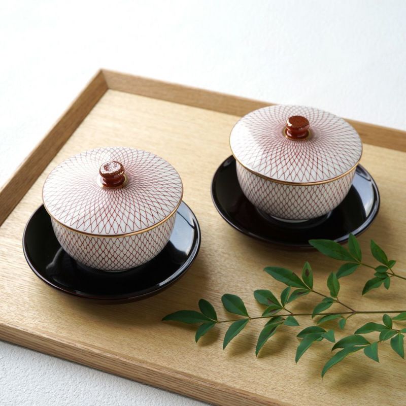 九谷焼 伝統柄 【九谷焼】蓋付汲出揃・赤網〈5客〉 |皿や鉢など和食器