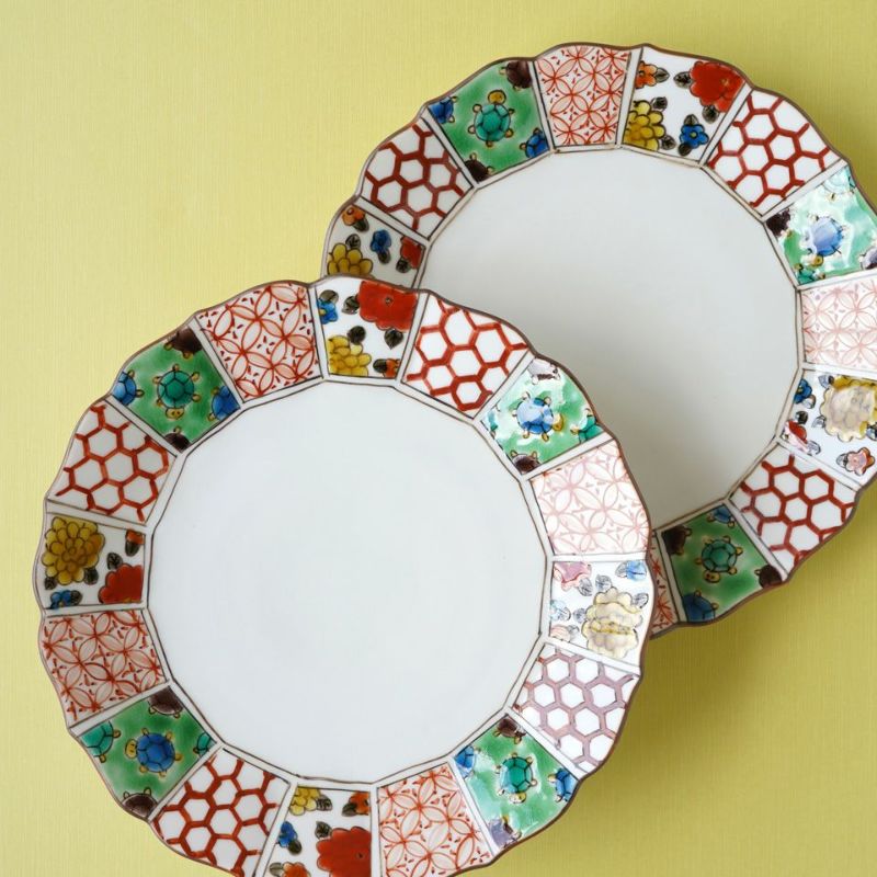 九谷焼6号ペア皿 マリーゴールドと吉祥紋 九谷焼 伝統柄 【九谷焼】6号ペア皿・マリーゴールドと吉祥紋〈2枚