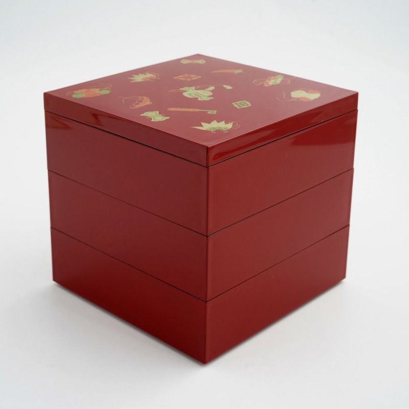中国　 国賓礼品 双龍戯珠 世界瑰宝 民族漆芸　 箱付 山中塗（石川県） 【山中塗】吉祥5.0三段重（朱)〈1個〉 |皿や鉢など和
